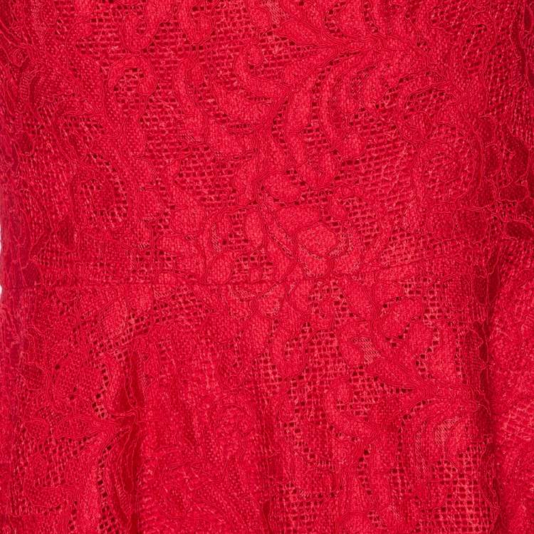 Pre Owned Carolina Herrera Red Lace & Mesh Paneled Sleeveless Flared Dress S