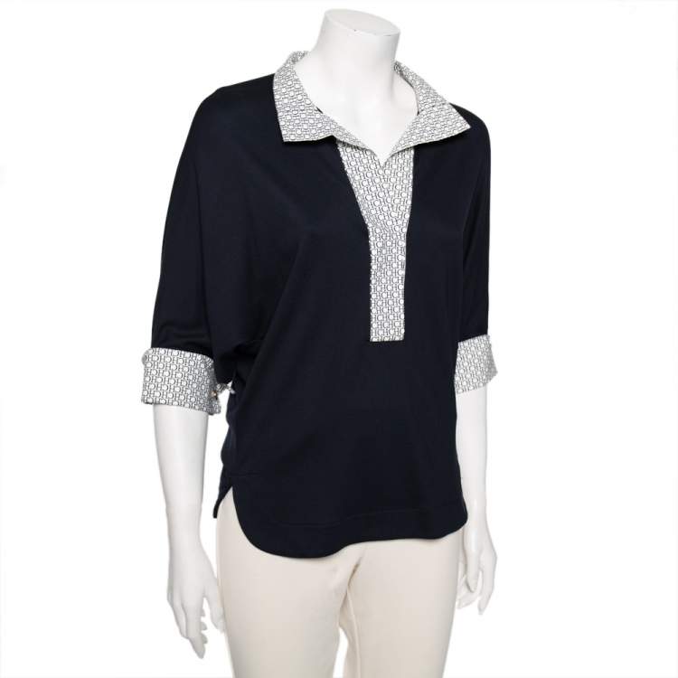 Pre Owned Carolina Herrera Navy Blue Jersey Contrast Trim Dolman Sleeve Top XS