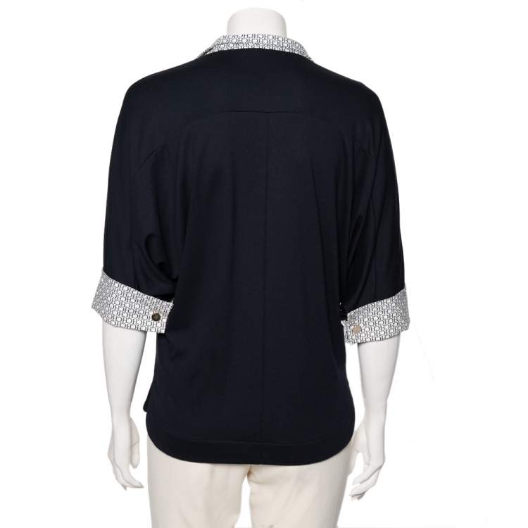 Pre Owned Carolina Herrera Navy Blue Jersey Contrast Trim Dolman Sleeve Top XS