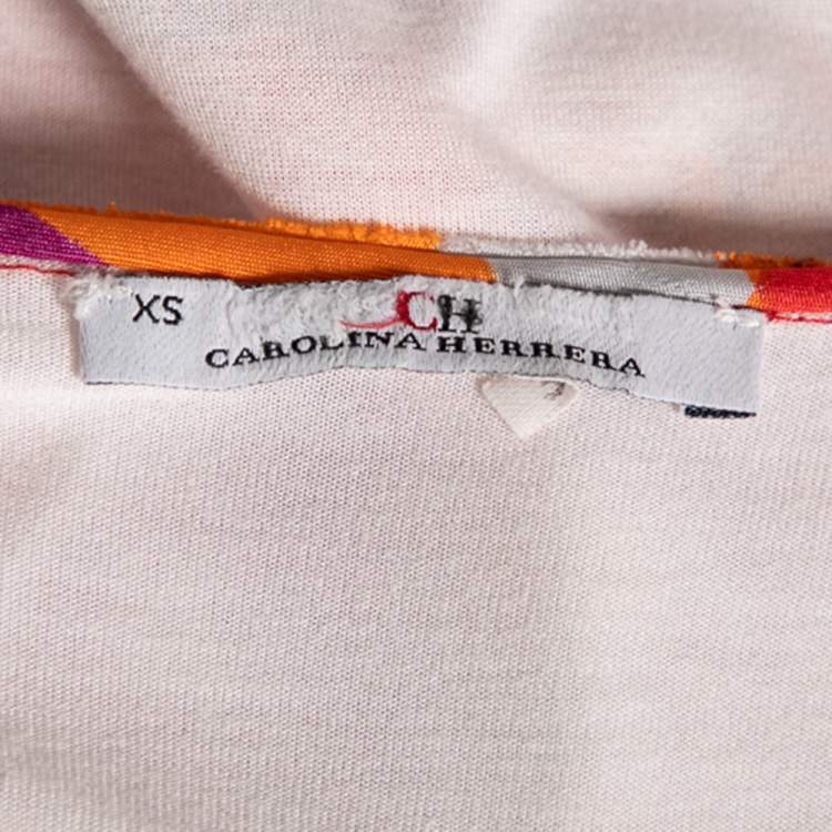 Pre Owned CH Carolina Herrera Multicolor Logo Printed Silk Crew Neck Top XS