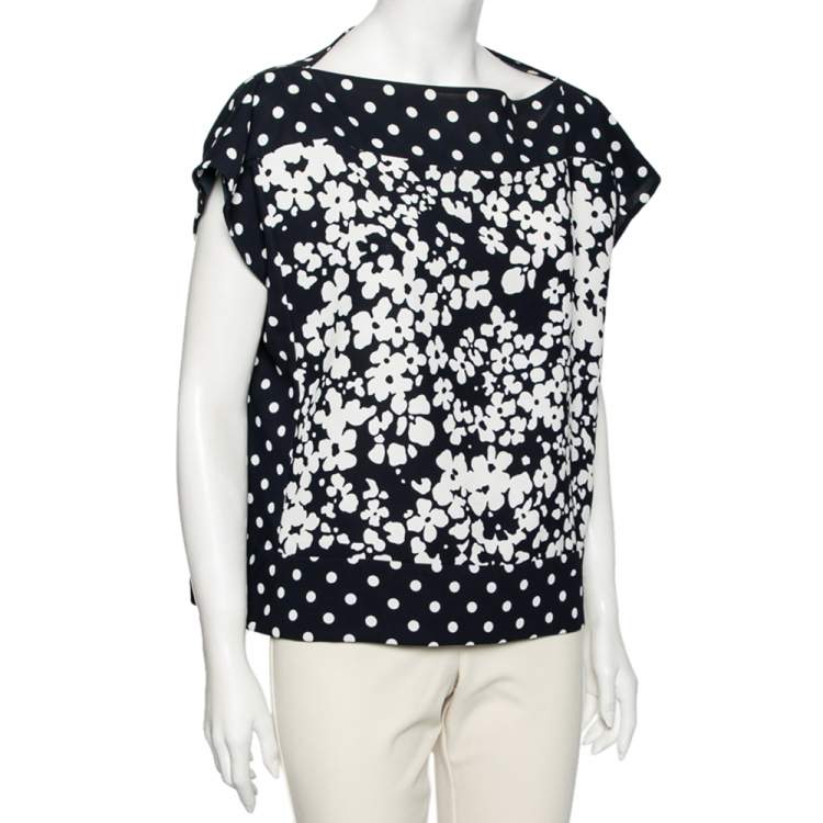 Pre Owned CH Carolina Herrera Navy and White Floral Print Square Top M
