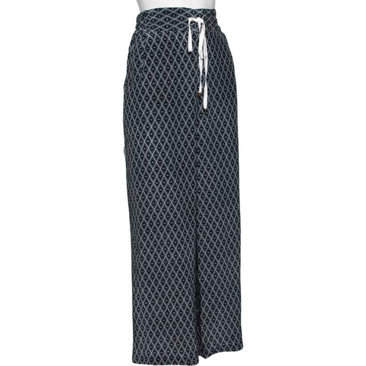Pre Owned Carolina Herrera Navy Blue Printed Silk Blend Wide Leg Pants S