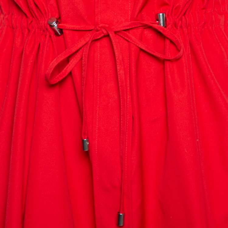 Pre Owned Carolina Herrera Red Taffeta Drawstring Waist Button Front Dress L