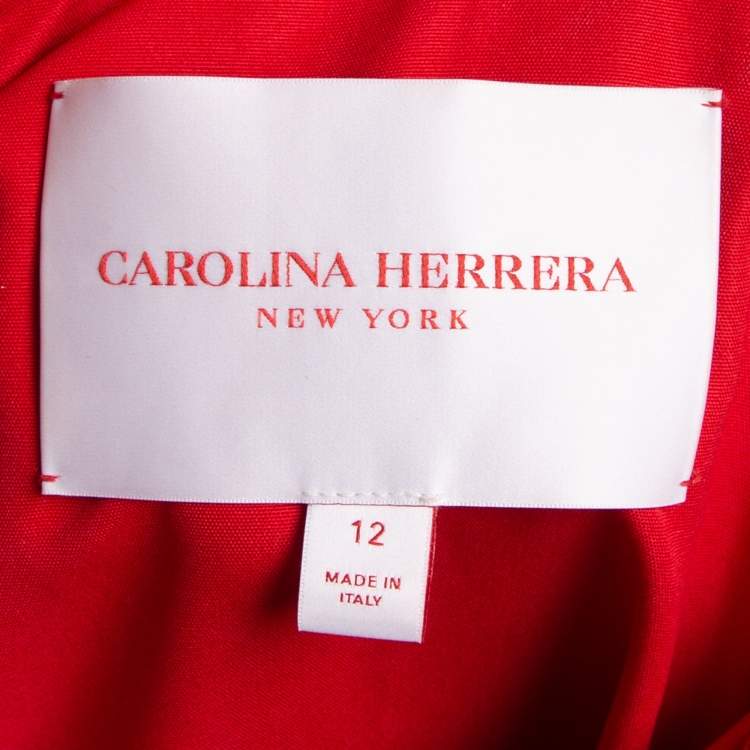 Pre Owned Carolina Herrera Red Taffeta Drawstring Waist Button Front Dress L