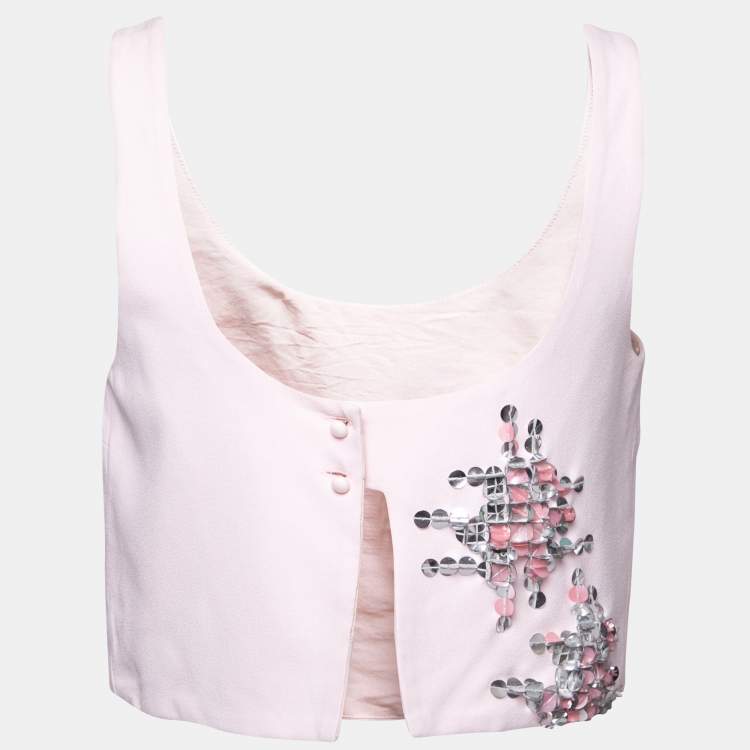 Pre Owned Carolina Herrera Pink Crepe Embellished Open-Back Crop Top M