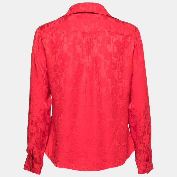 Pre Owned CH Carolina Herrera Red All Over Logo Silk Shirt L