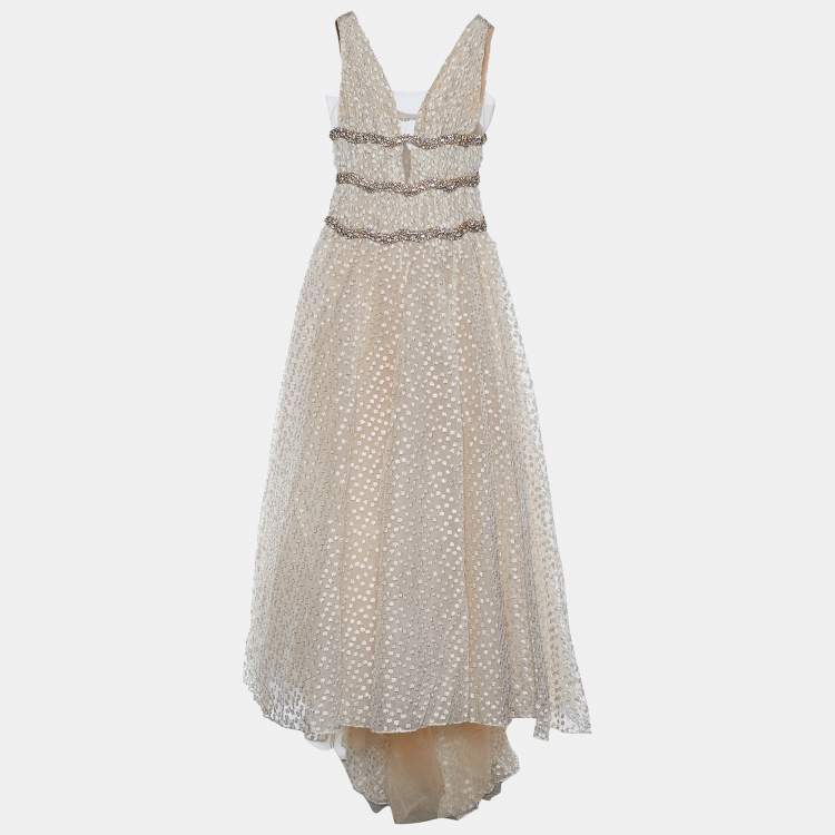 Pre Owned Carolina Herrera Ivory Lurex Jacquard Crystal Embellished Gown M 