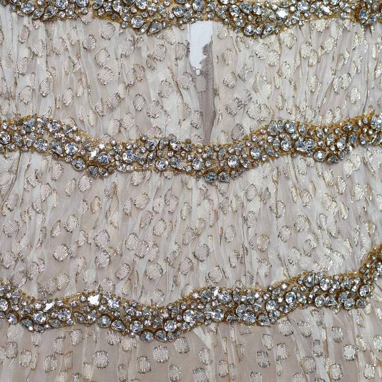 Pre Owned Carolina Herrera Ivory Lurex Jacquard Crystal Embellished Gown M 