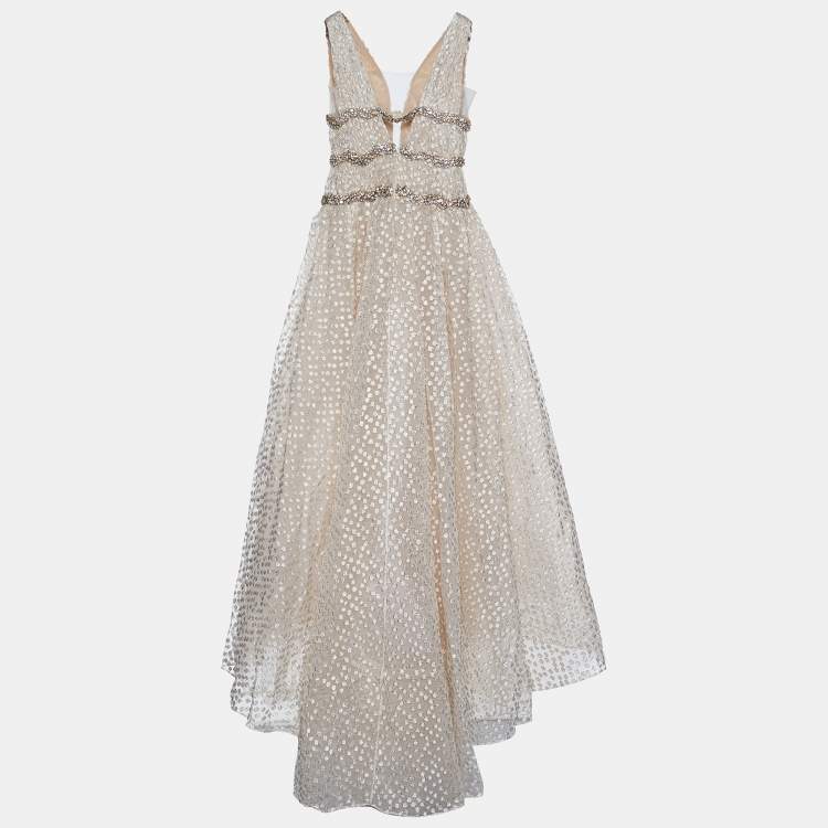 Pre Owned Carolina Herrera Ivory Lurex Jacquard Crystal Embellished Gown M 