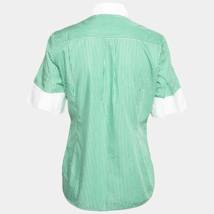 Pre Owned CH Carolina Herrera Green Striped Cotton Button Front Short Sleeve Shirt M