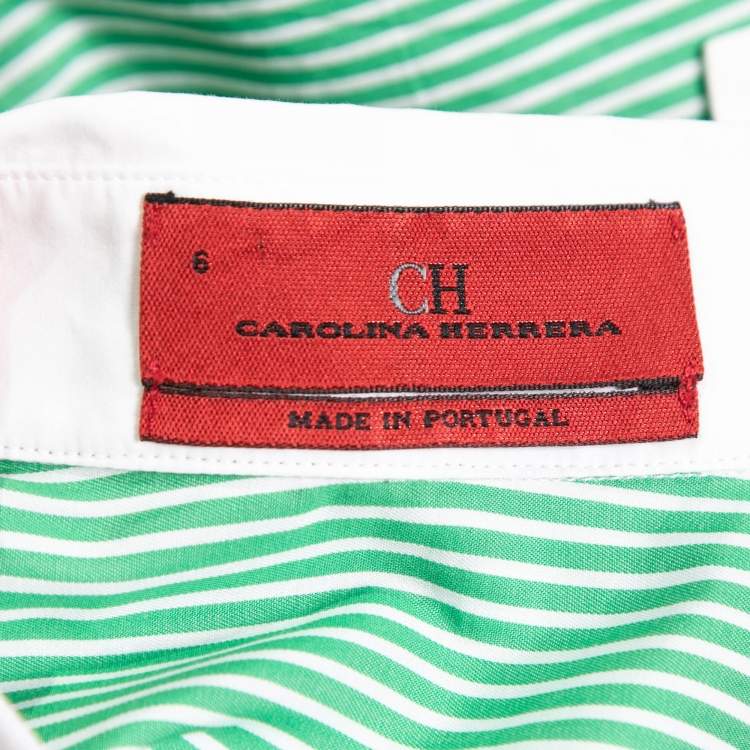 Pre Owned CH Carolina Herrera Green Striped Cotton Button Front Short Sleeve Shirt M