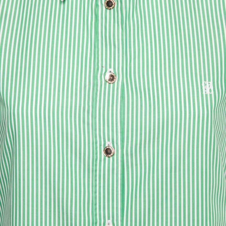 Pre Owned CH Carolina Herrera Green Striped Cotton Button Front Short Sleeve Shirt M