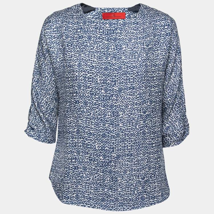 Pre Owned CH Carolina Herrera Blue Printed Crinkled Silk Blouse M