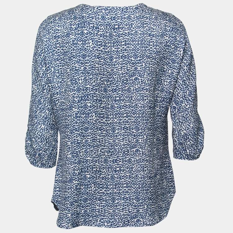Pre Owned CH Carolina Herrera Blue Printed Crinkled Silk Blouse M
