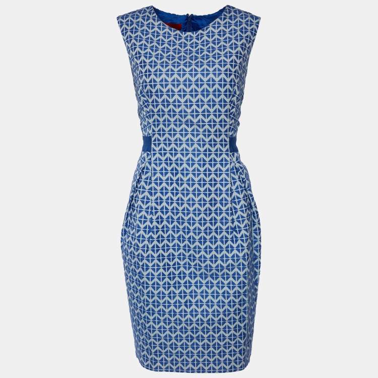 Pre Owned CH Carolina Herrera Blue & White Patterned Sleeveless Midi Dress L