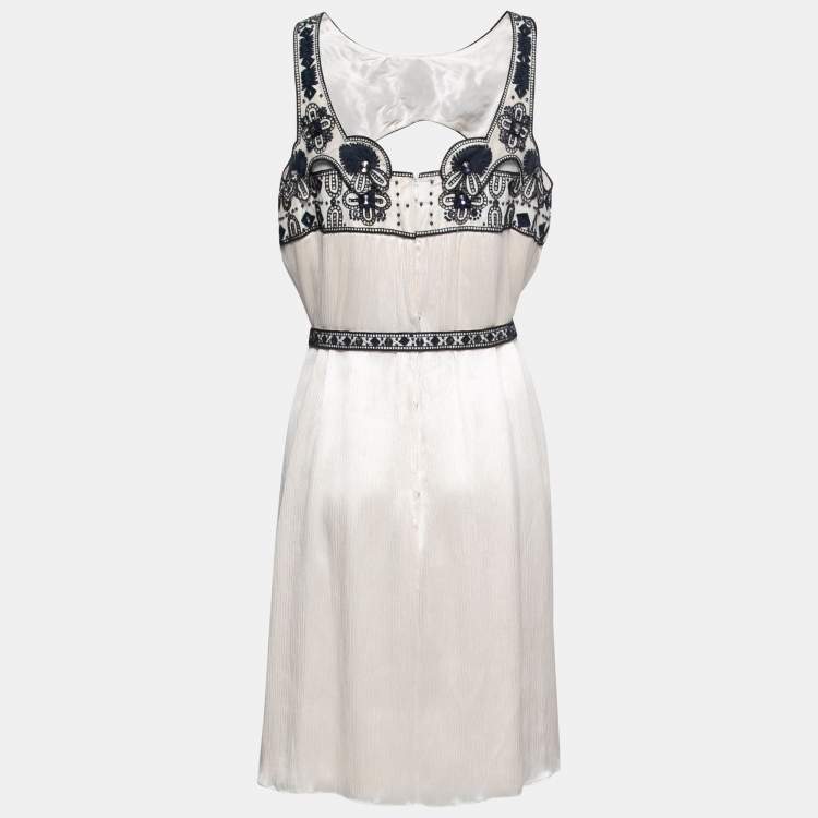Pre Owned Carolina Herrera Cream Plisse Silk Embroidered Cutout Dress XL