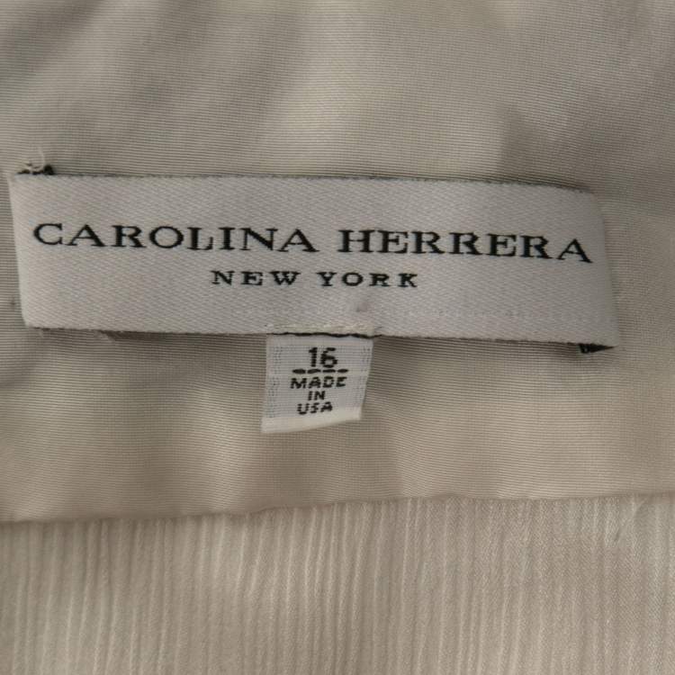 Pre Owned Carolina Herrera Cream Plisse Silk Embroidered Cutout Dress XL