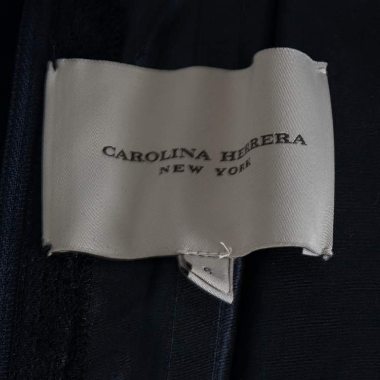Pre Owned Carolina Herrera Navy Blue Floral Jacquard Off Shoulder Gown M