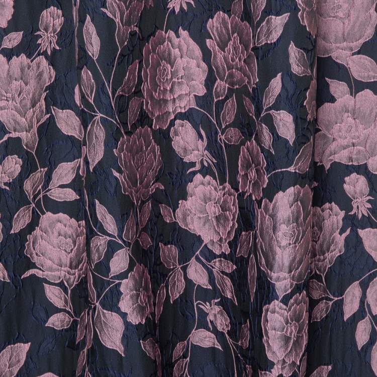 Pre Owned Carolina Herrera Navy Blue Floral Jacquard Off Shoulder Gown M