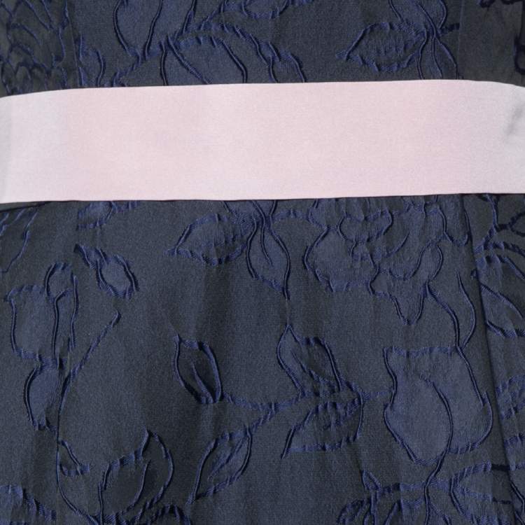 Pre Owned Carolina Herrera Navy Blue Floral Jacquard Off Shoulder Gown M
