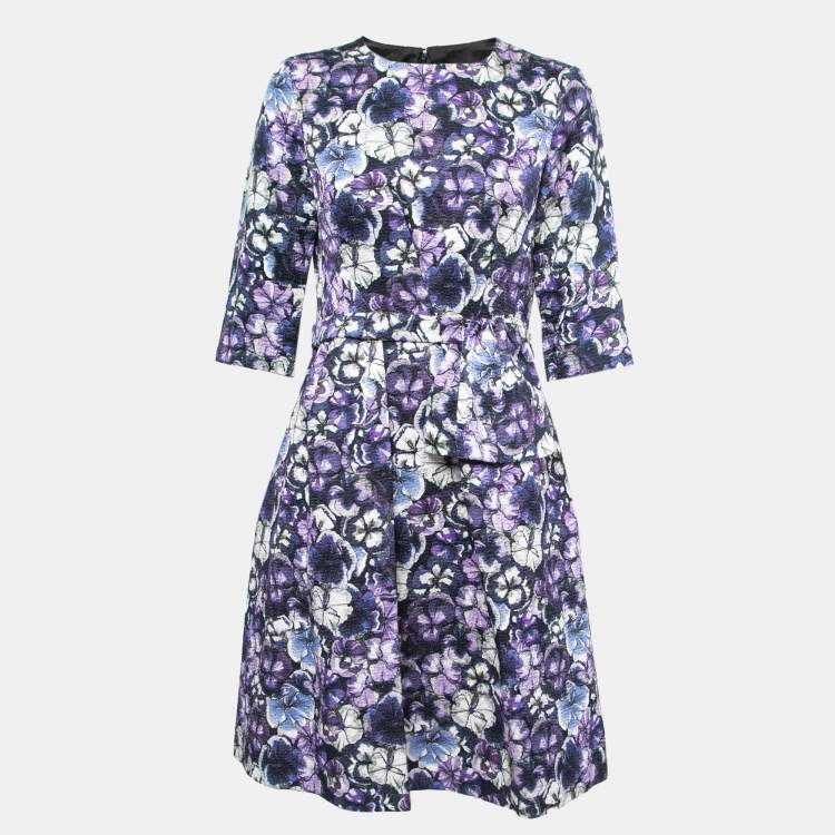 Pre Owned CH Carolina Herrera Blue Floral Print Jacquard Belted Knee Length Dress M