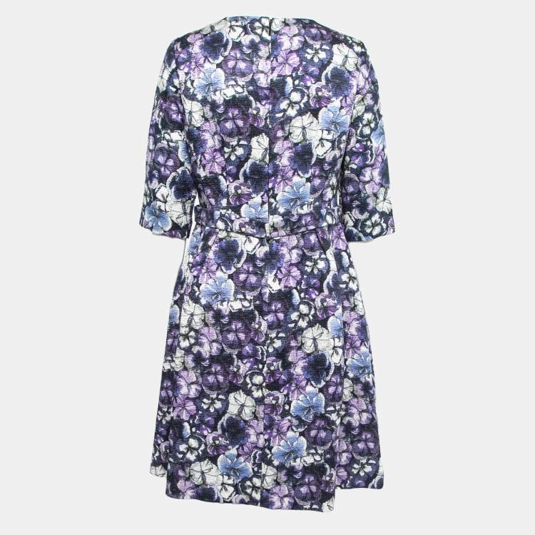 Pre Owned CH Carolina Herrera Blue Floral Print Jacquard Belted Knee Length Dress M