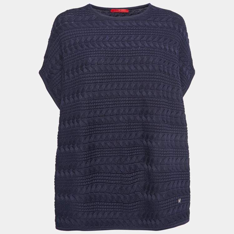 مملوكة مسبقًا Carolina Herrera Navy Blue Cable Knit Side Tie Poncho Top One Size