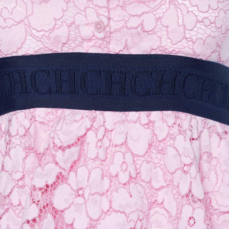 Pre Owned CH Carolina Herrera Pink Lace Contrast Waist Detail Sleeveless Tiered Mini Dress L