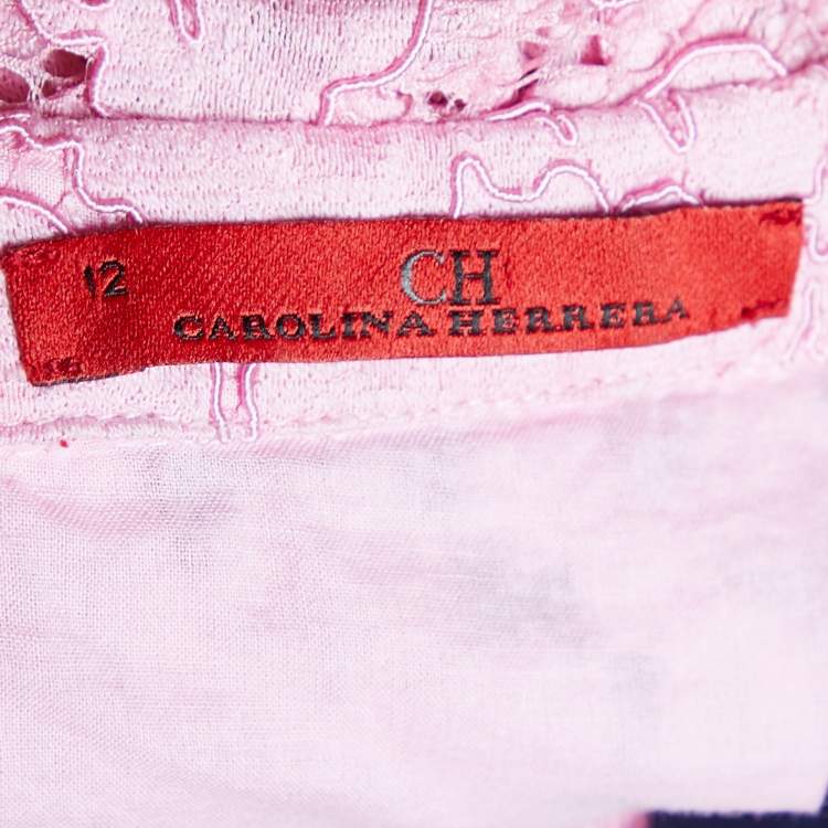 Pre Owned CH Carolina Herrera Pink Lace Contrast Waist Detail Sleeveless Tiered Mini Dress L