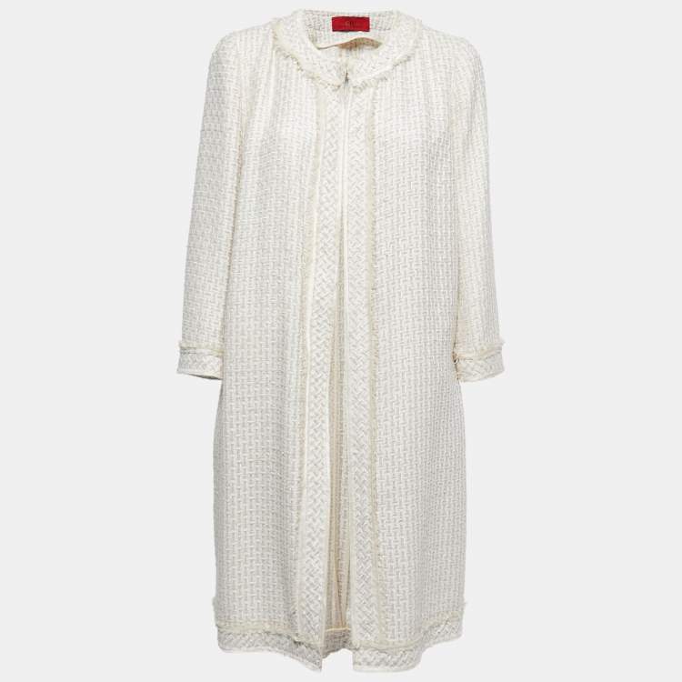 Pre Owned Carolina Herrera Off White/Beige Tweed Open Front Coat L