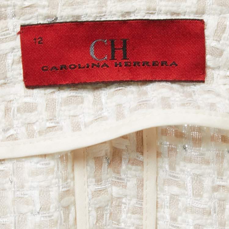 Pre Owned Carolina Herrera Off White/Beige Tweed Open Front Coat L