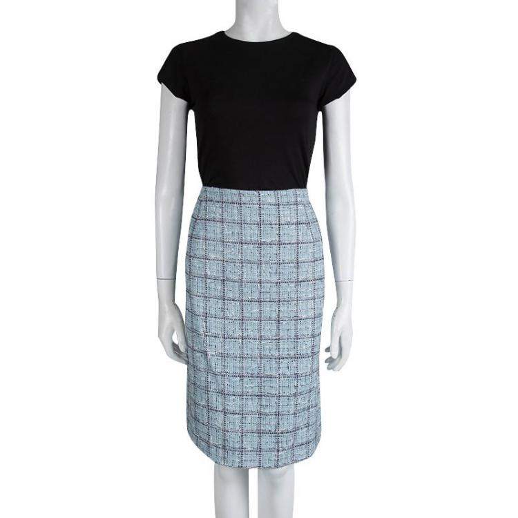 Pre Owned Carolina Herrera Powder Blue Checked Tweed Skirt XL