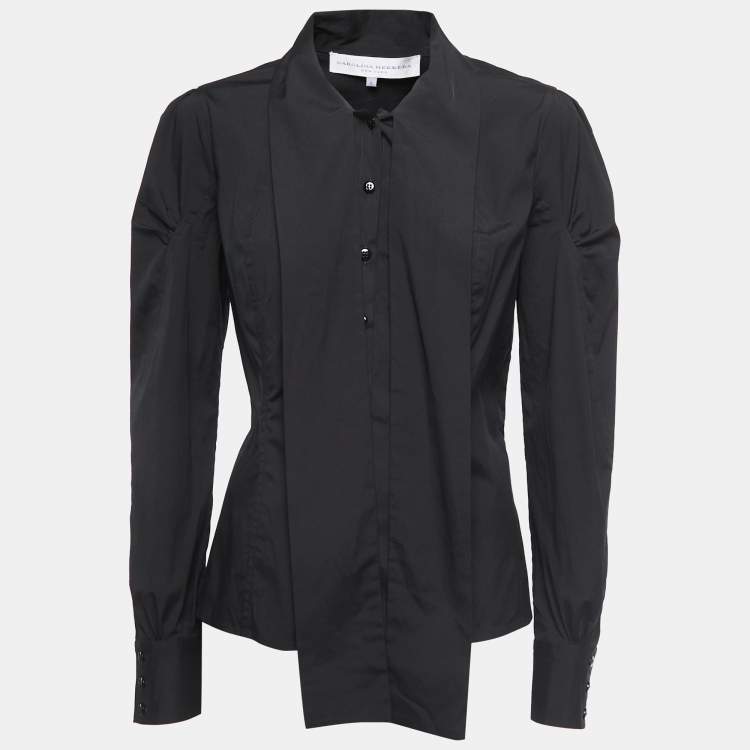 Pre Owned Carolina Herrera Black Cotton Button Front Neck Tie Detail Shirt Blouse M