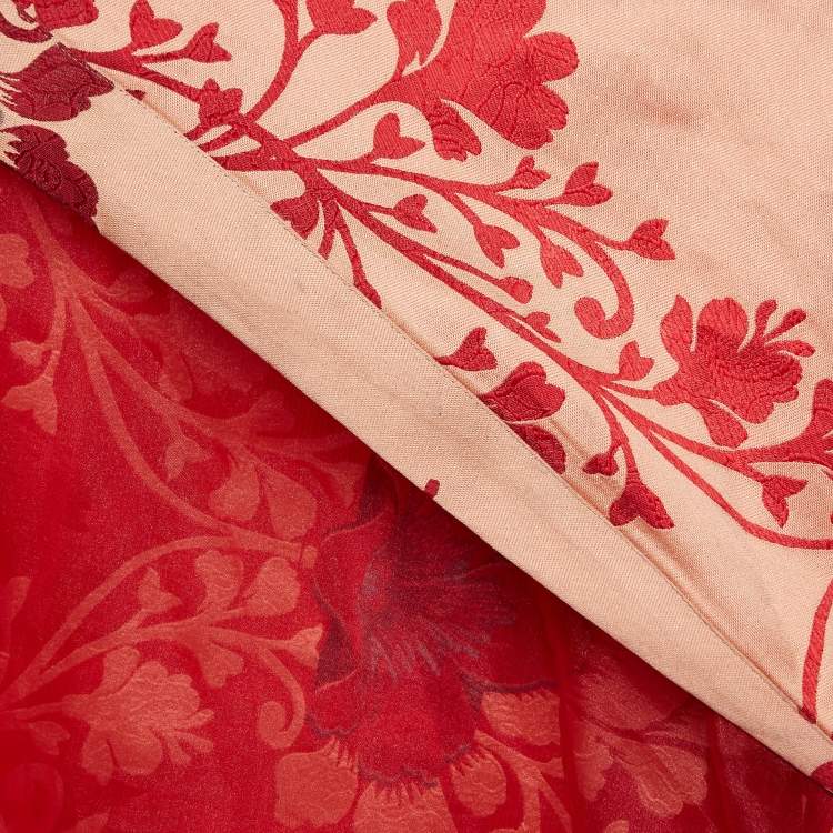 Pre Owned Carolina Herrera Light Orange Floral Jacquard Strapless Pleated High-Low Gown M 