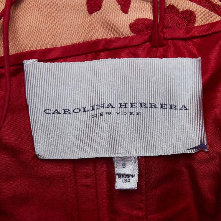 Pre Owned Carolina Herrera Light Orange Floral Jacquard Strapless Pleated High-Low Gown M 