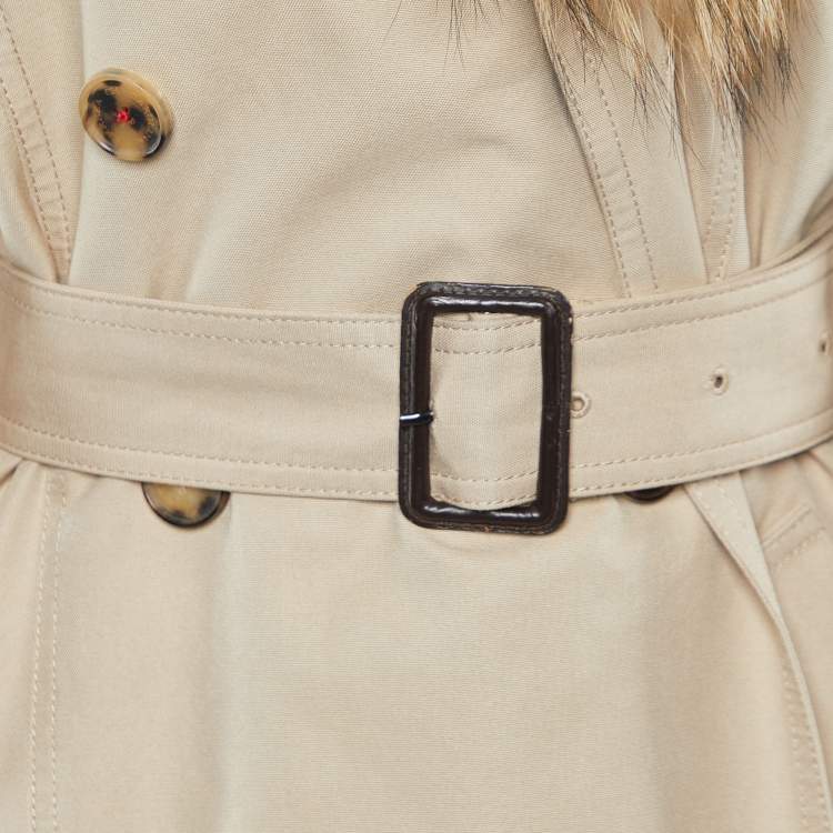 Pre Owned Carolina Herrera Beige Gabardine & Fur Detail Collar Trench Coat L