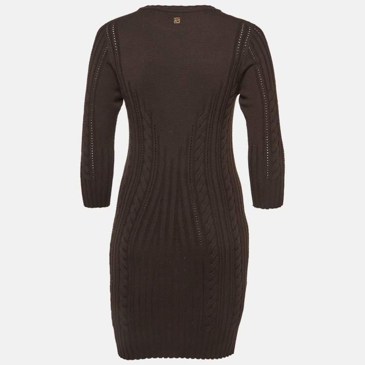 Pre Owned Carolina Herrera Brown Cable Knit Flounce Midi Dress S