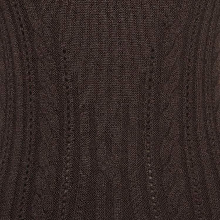 Pre Owned Carolina Herrera Brown Cable Knit Flounce Midi Dress S