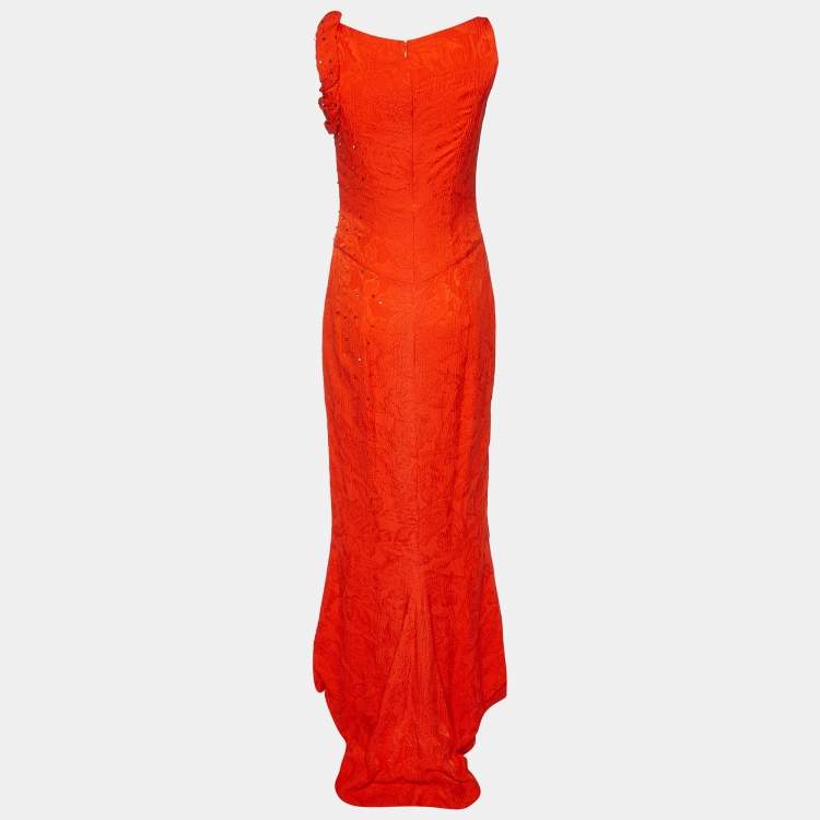 Pre Owned Carolina Herrera Orange Crinkled Silk Embellished Maxi Dress S