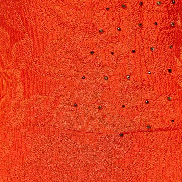 Pre Owned Carolina Herrera Orange Crinkled Silk Embellished Maxi Dress S