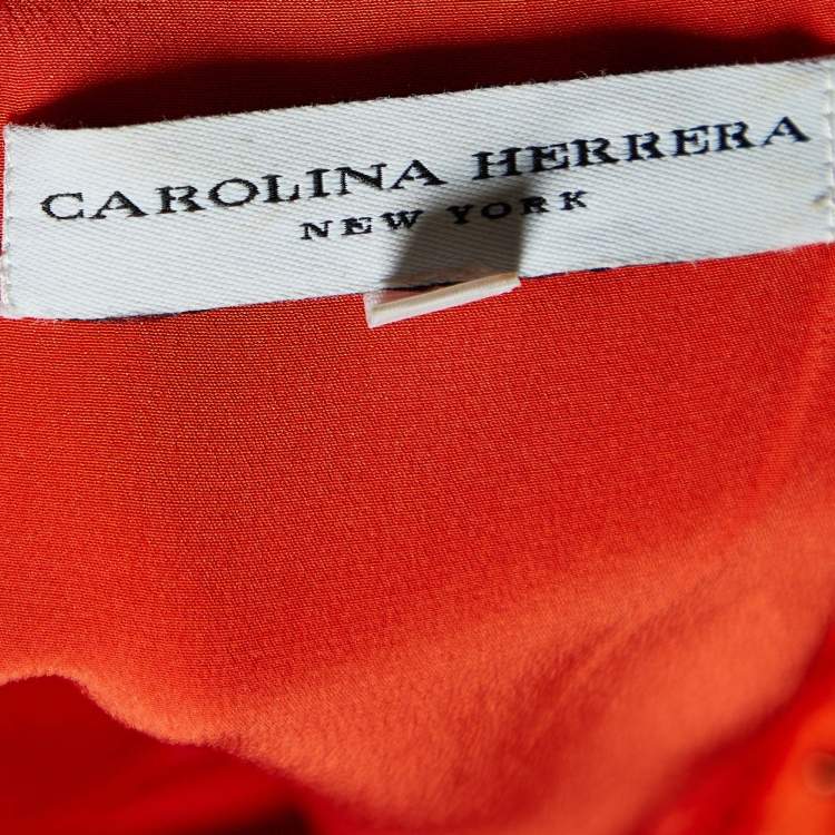 Pre Owned Carolina Herrera Orange Crinkled Silk Embellished Maxi Dress S