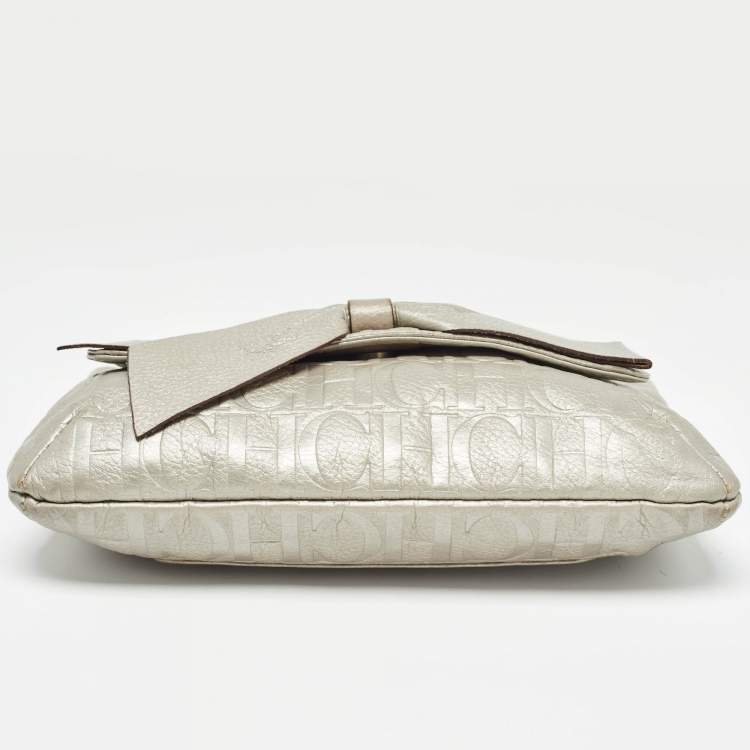 Pre Owned Carolina Herrera Grey Monogram Embossed Leather Audrey Shoulder Bag
