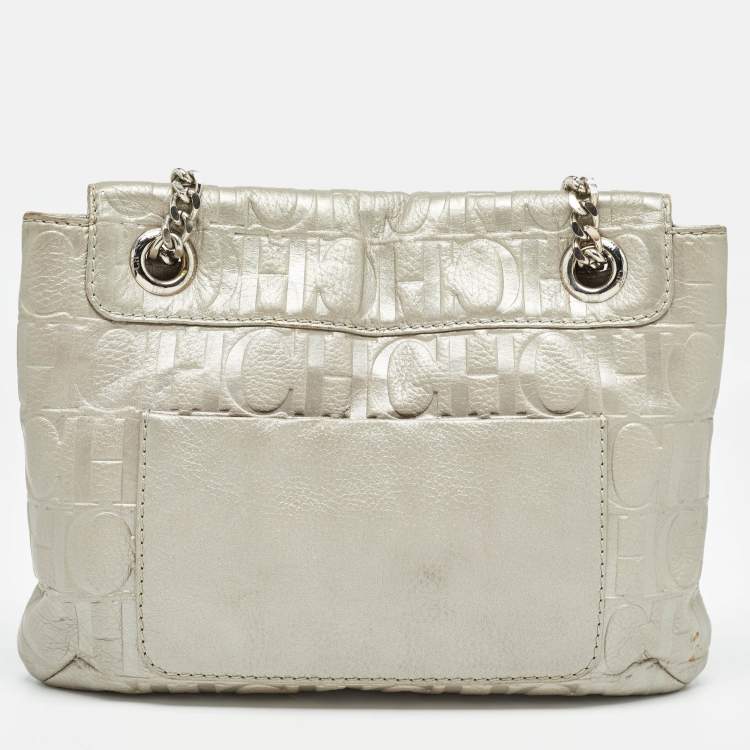 Pre Owned Carolina Herrera Grey Monogram Embossed Leather Audrey Shoulder Bag