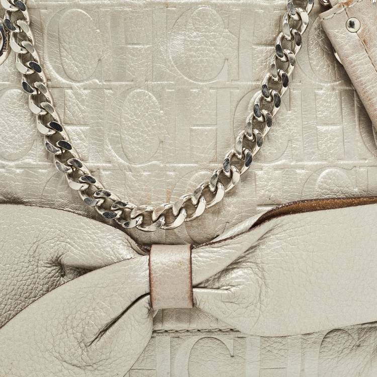 Pre Owned Carolina Herrera Grey Monogram Embossed Leather Audrey Shoulder Bag