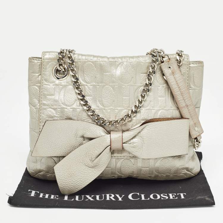 Pre Owned Carolina Herrera Grey Monogram Embossed Leather Audrey Shoulder Bag