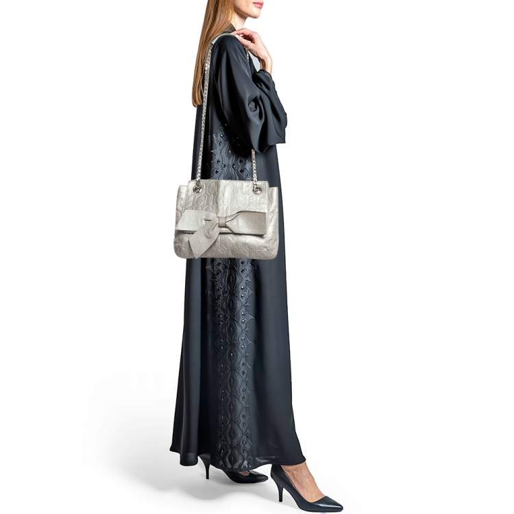 Pre Owned Carolina Herrera Grey Monogram Embossed Leather Audrey Shoulder Bag