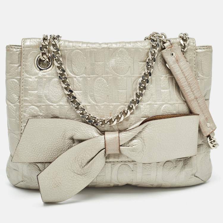 Pre Owned Carolina Herrera Grey Monogram Embossed Leather Audrey Shoulder Bag