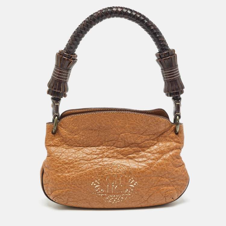 Pre Owned Carolina Herrera Brown Leather Braided Handle Baguette Bag