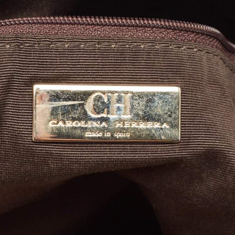 Pre Owned Carolina Herrera Cream/Brown Monogram Coated Canvas and Leather Chain Hobo