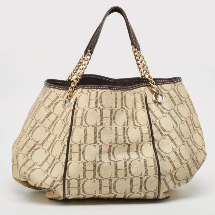 Pre Owned Carolina Herrera Cream/Brown Monogram Coated Canvas and Leather Chain Hobo